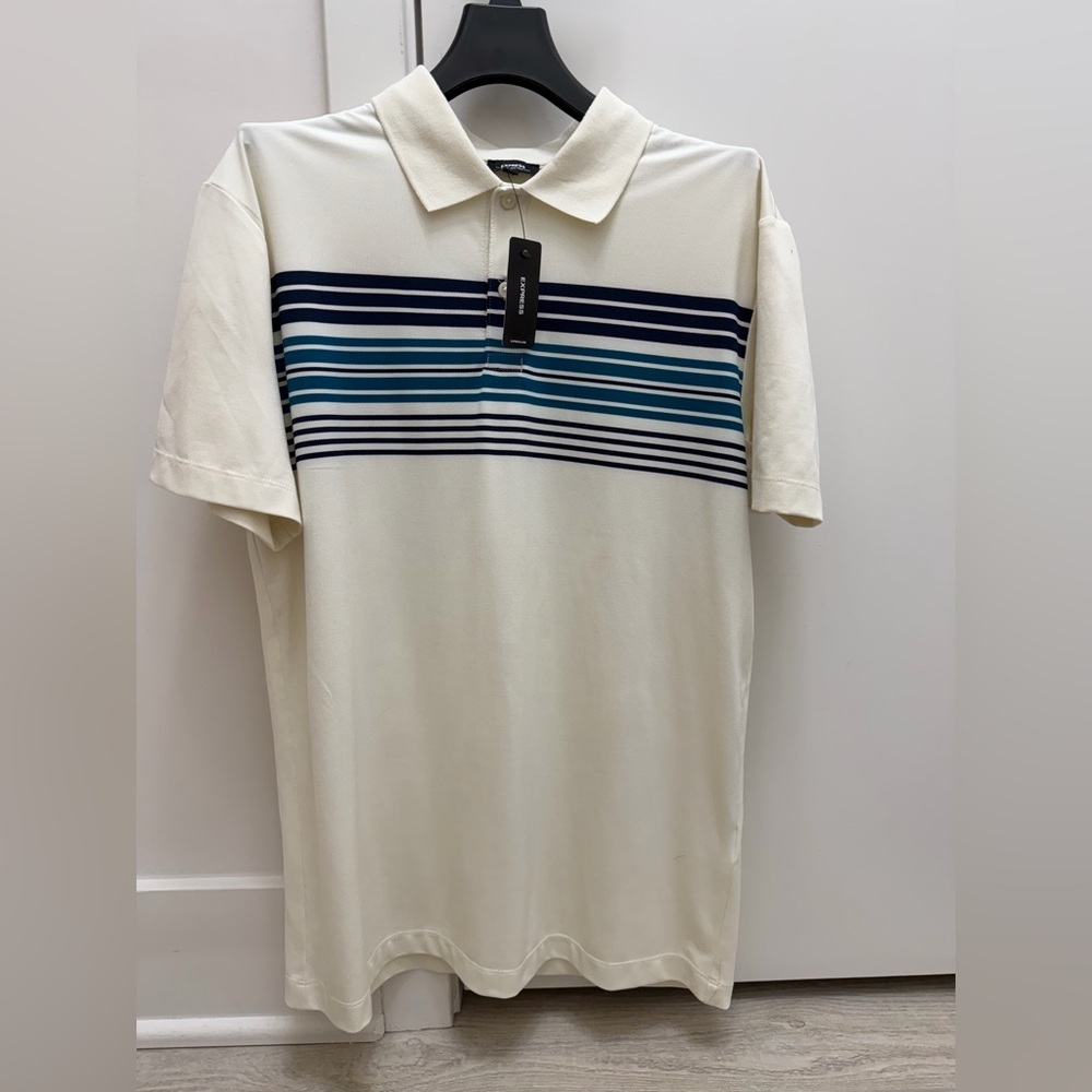 Express Men’s Striped Polo Shirt Cream Blue Short Sleeve NWT Size small